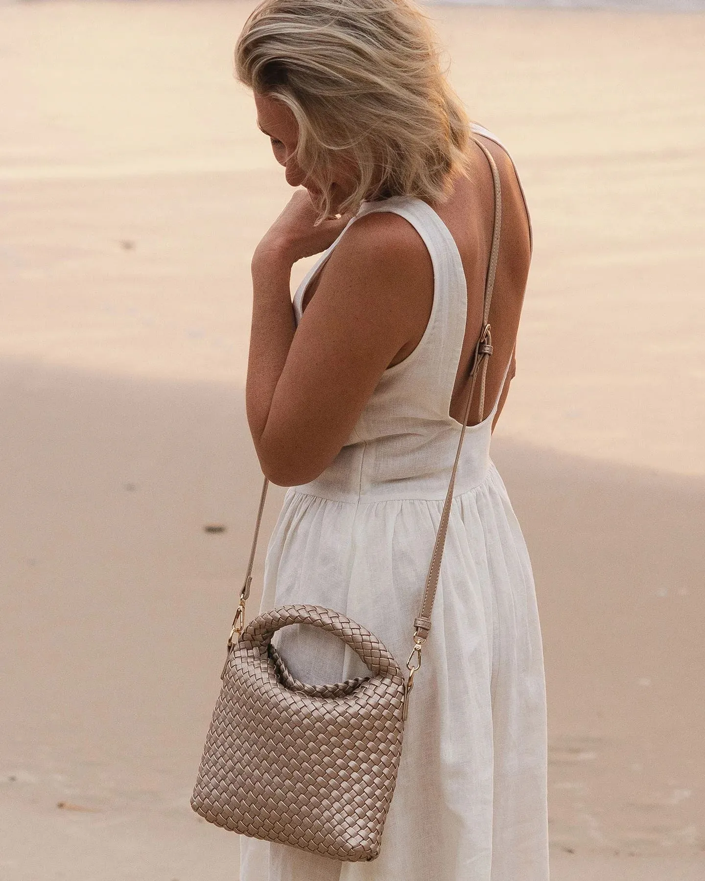 LOUENHIDE Gabby Mini Woven Shoulder Bag - Pink Champagne