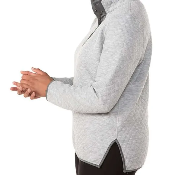 Marine Layer Corbet Quilted Bee Embroidery Pullover 1/4 Snap Mock Gray Womens