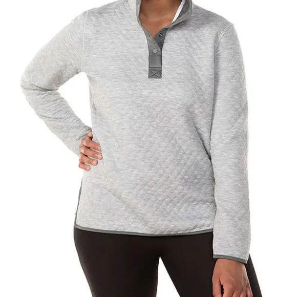 Marine Layer Corbet Quilted Bee Embroidery Pullover 1/4 Snap Mock Gray Womens