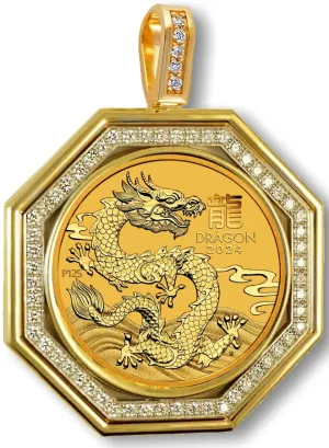 Men's 1/2 ounce Gold Dragon Coin (Perth Mint) and Diamond 14k Gold Pendant, 1 full ctw Diamonds