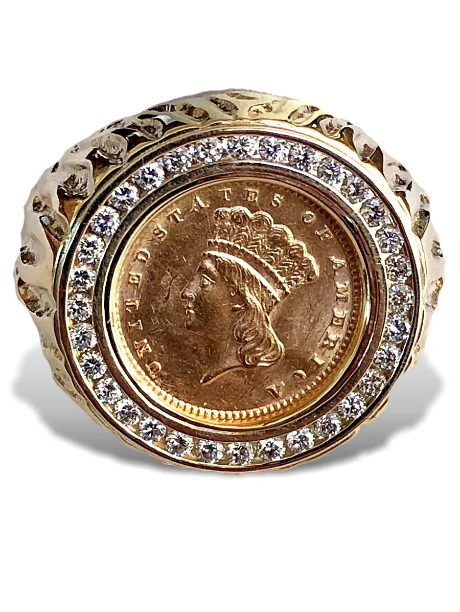 Men's Custom 14k Gold Ring featuring a Very Rare USA $1 Gold Coin and over One Half Carat of Diamonds