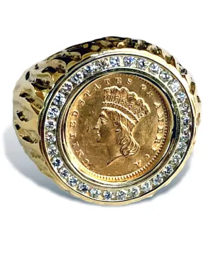 Men's Custom 14k Gold Ring featuring a Very Rare USA $1 Gold Coin and over One Half Carat of Diamonds