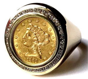 Men's Diamond and Gold Coin Ring featuring a Genuine USA Liberty Gold Quarter Eagle