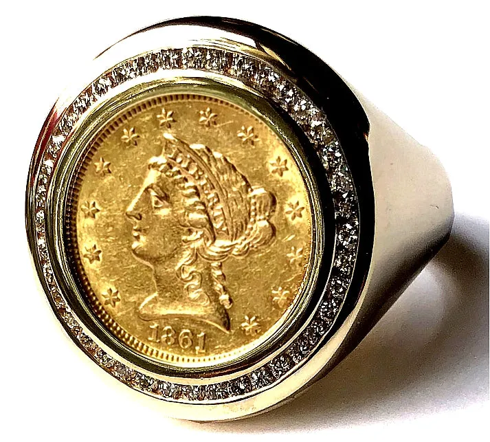 Men's Diamond and Gold Coin Ring featuring a Genuine USA Liberty Gold Quarter Eagle