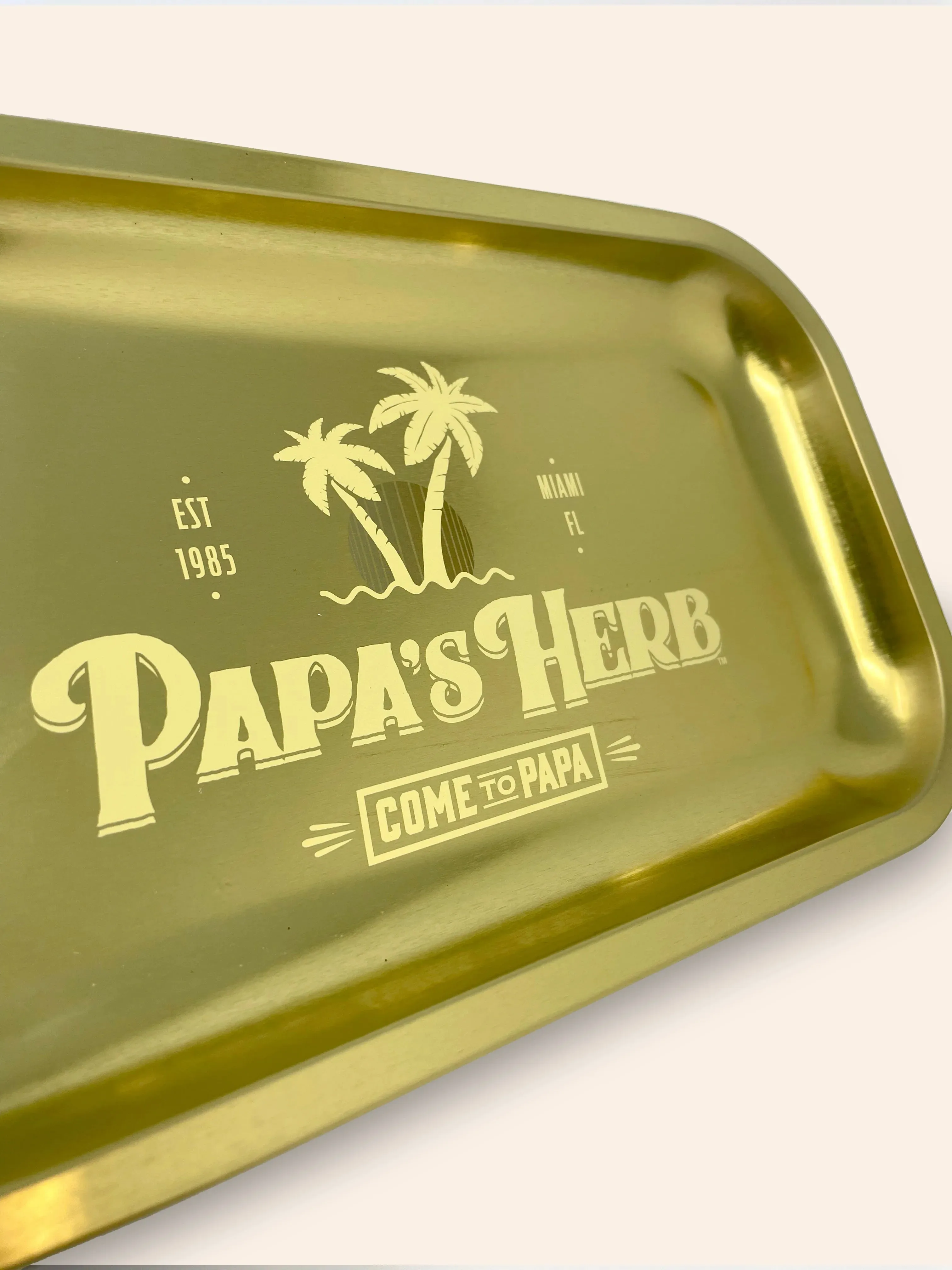 New 10" x 6" Papa's Herb Aluminum Rolling Tray with silkscreened logo, Brass/Gold Finish!