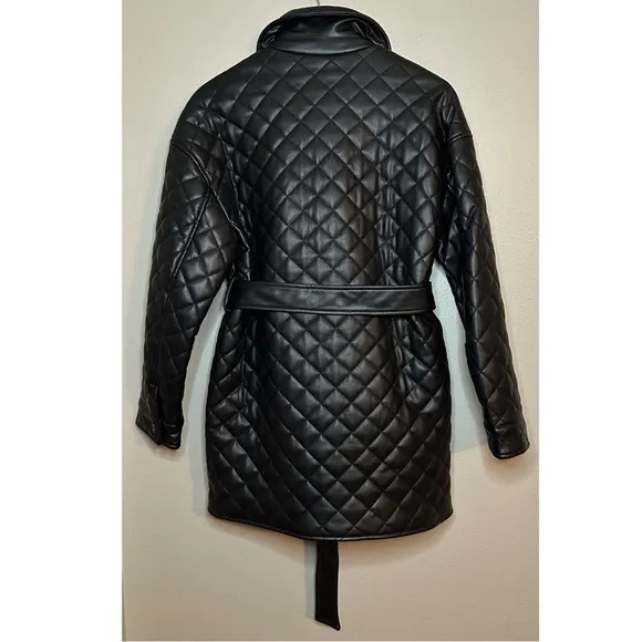 NWT TOPSHOP Quinn Belted Black Faux Leather Quilted Jacket