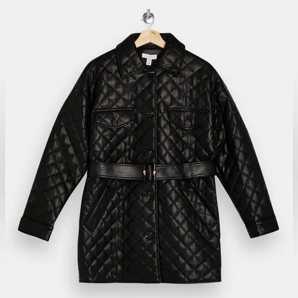 NWT TOPSHOP Quinn Belted Black Faux Leather Quilted Jacket
