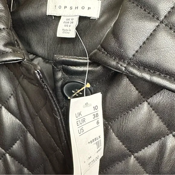 NWT TOPSHOP Quinn Belted Black Faux Leather Quilted Jacket
