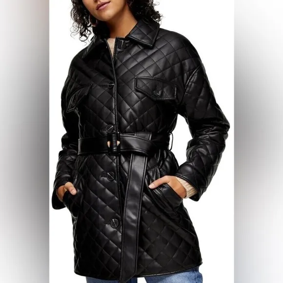 NWT TOPSHOP Quinn Belted Black Faux Leather Quilted Jacket