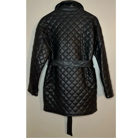 NWT TOPSHOP Quinn Belted Black Faux Leather Quilted Jacket