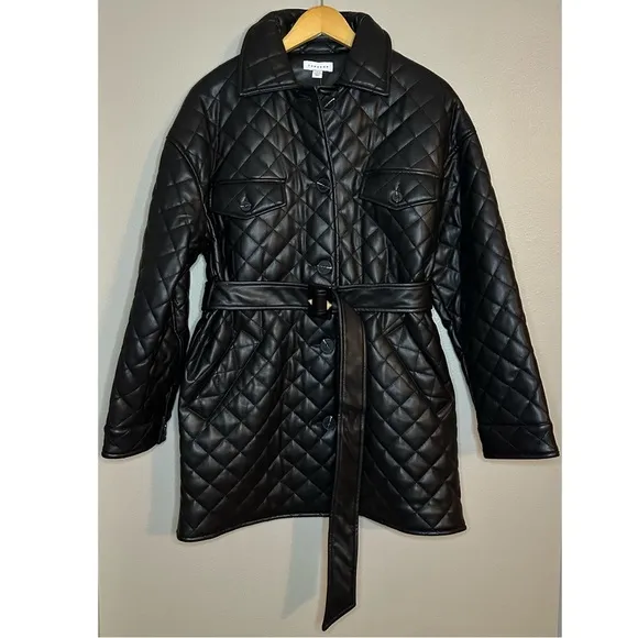NWT TOPSHOP Quinn Belted Black Faux Leather Quilted Jacket