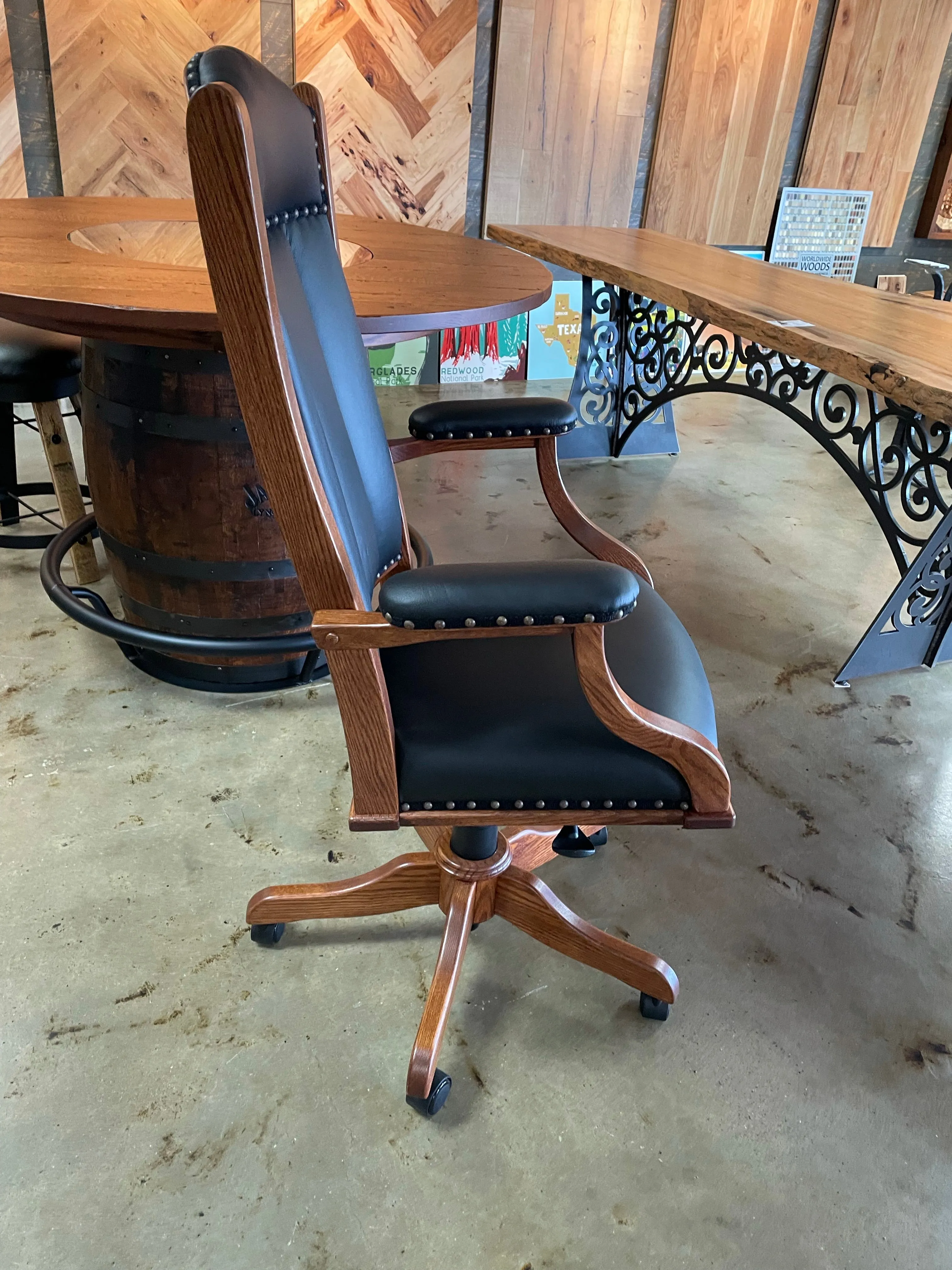OAK ROLLING CHAIR WITH BLACK LEATHER
