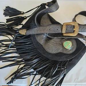 One of a Kind Black Suede Fringe Shoulder Bag – Tooled Strap & Turquoise Accent