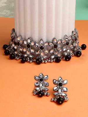 Oxidised Silver Black Beads Kundan Choker Necklace Set