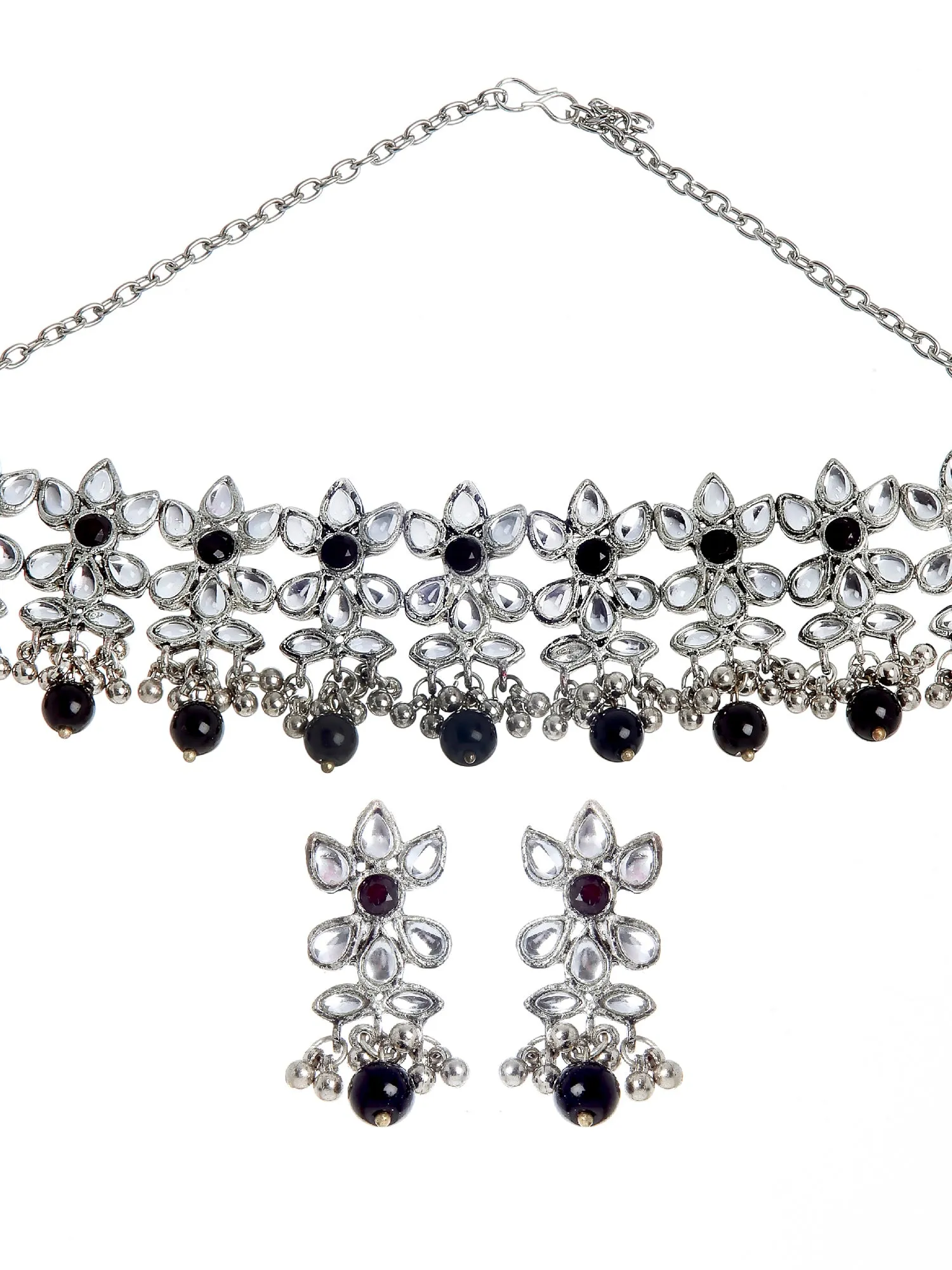 Oxidised Silver Black Beads Kundan Choker Necklace Set