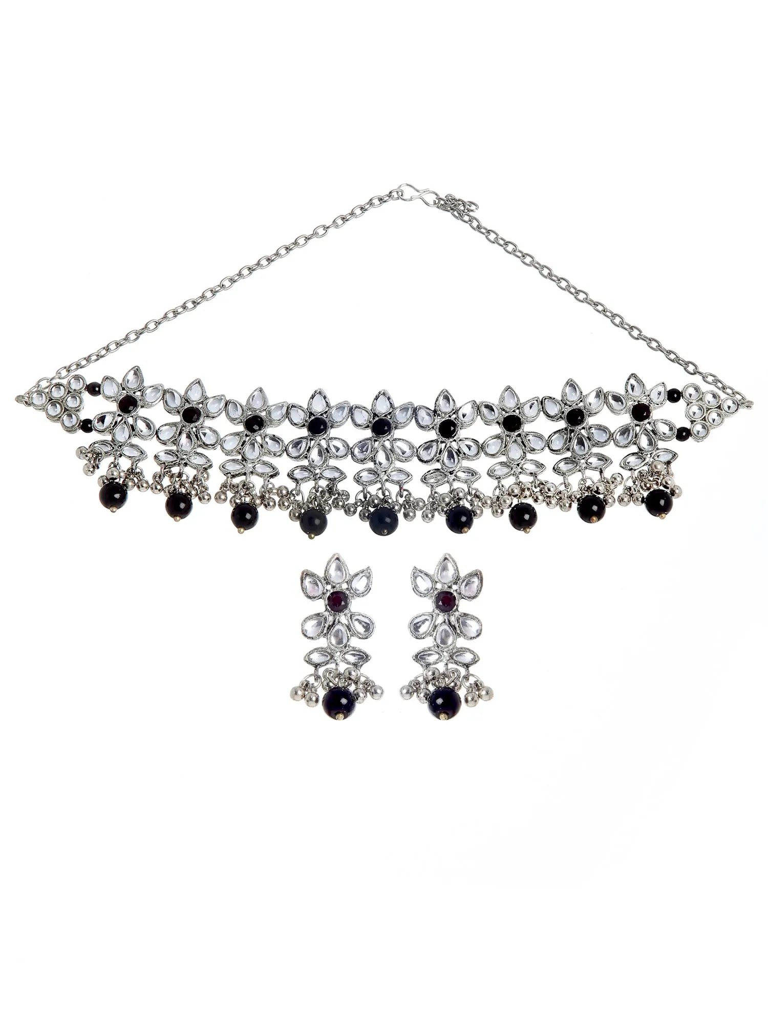 Oxidised Silver Black Beads Kundan Choker Necklace Set