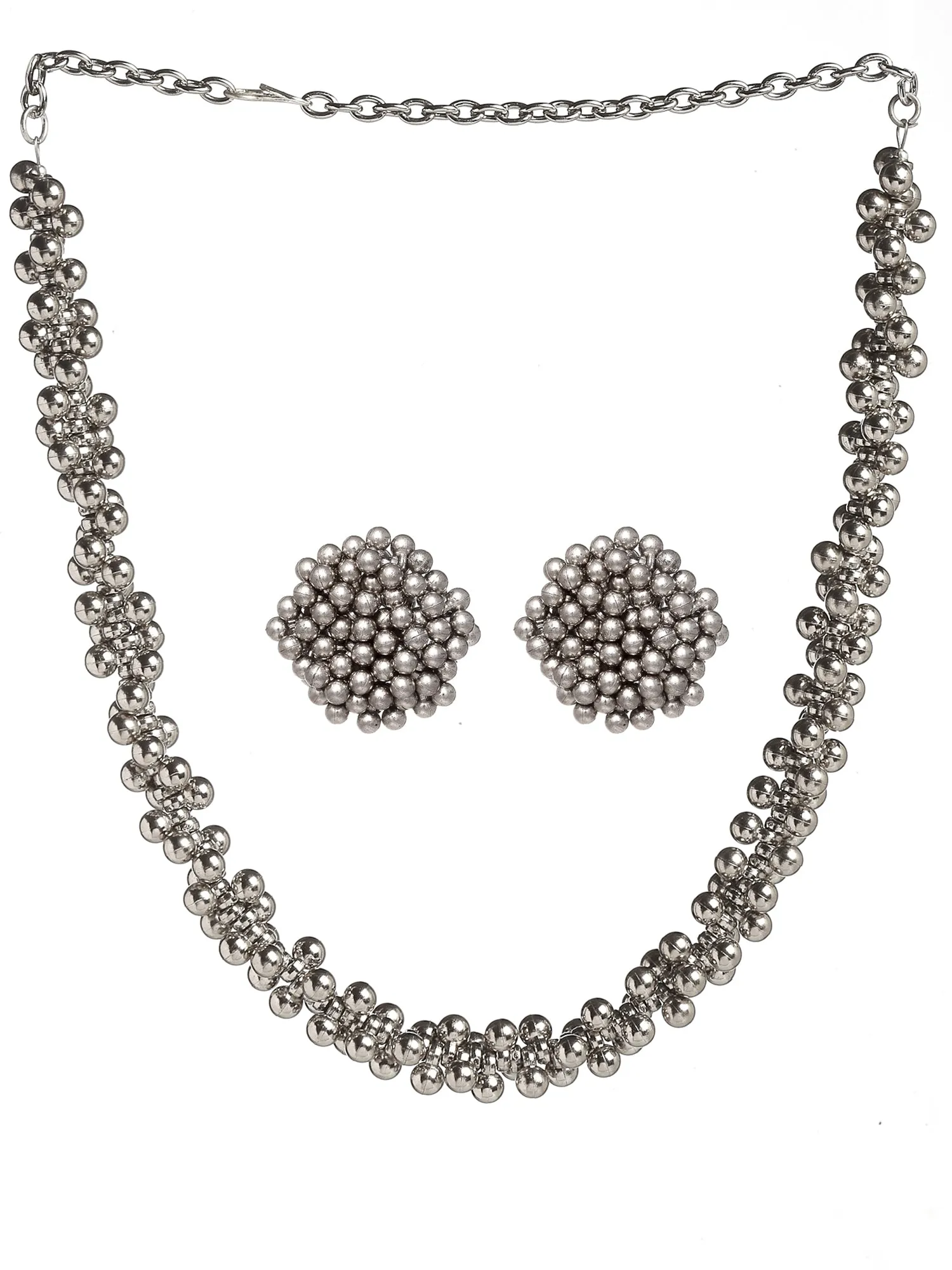 Oxidised Silver Tone Tassel Ball Choker Necklace Set