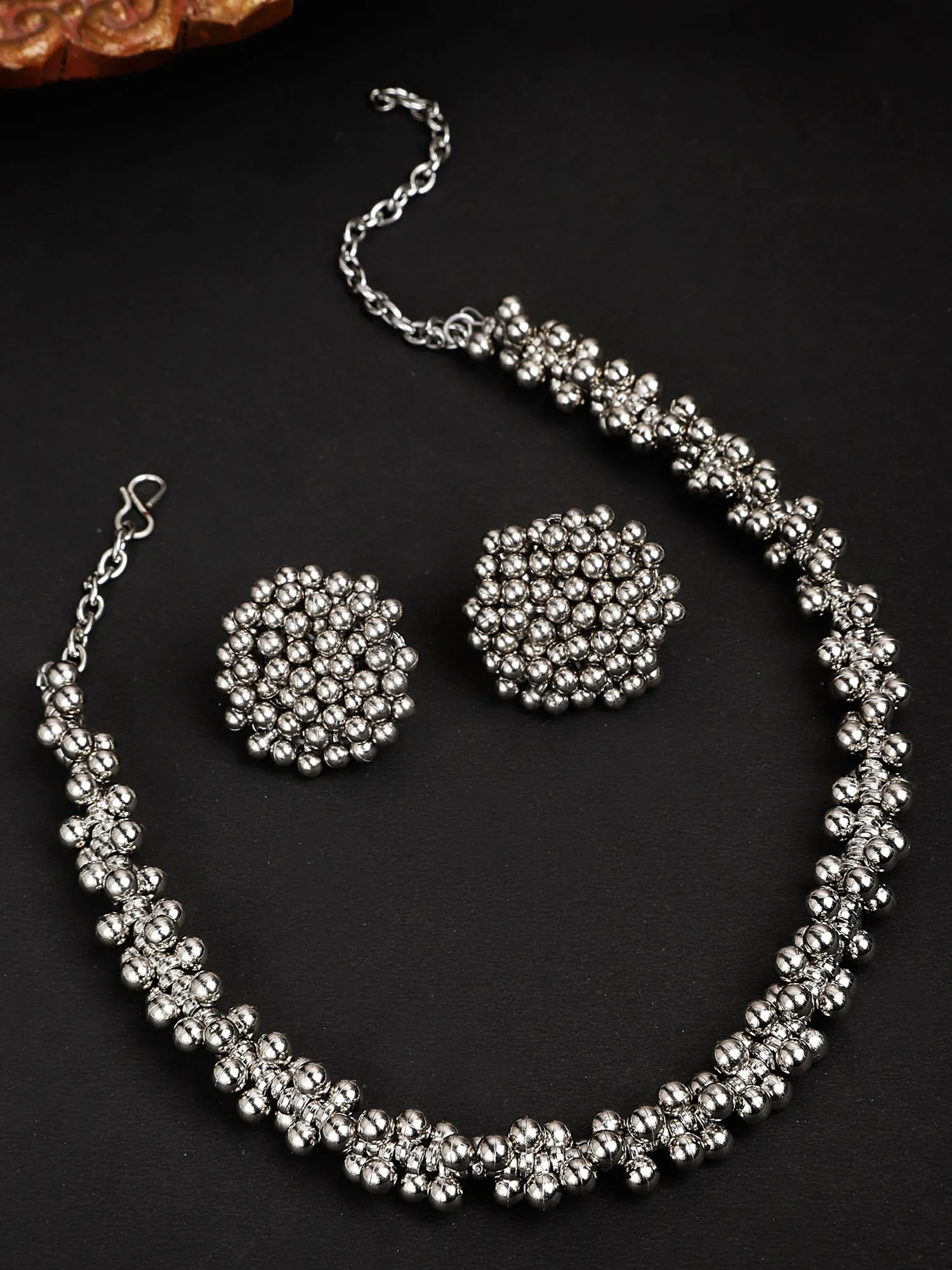 Oxidised Silver Tone Tassel Ball Choker Necklace Set