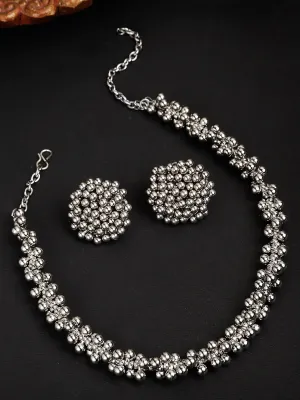 Oxidised Silver Tone Tassel Ball Choker Necklace Set