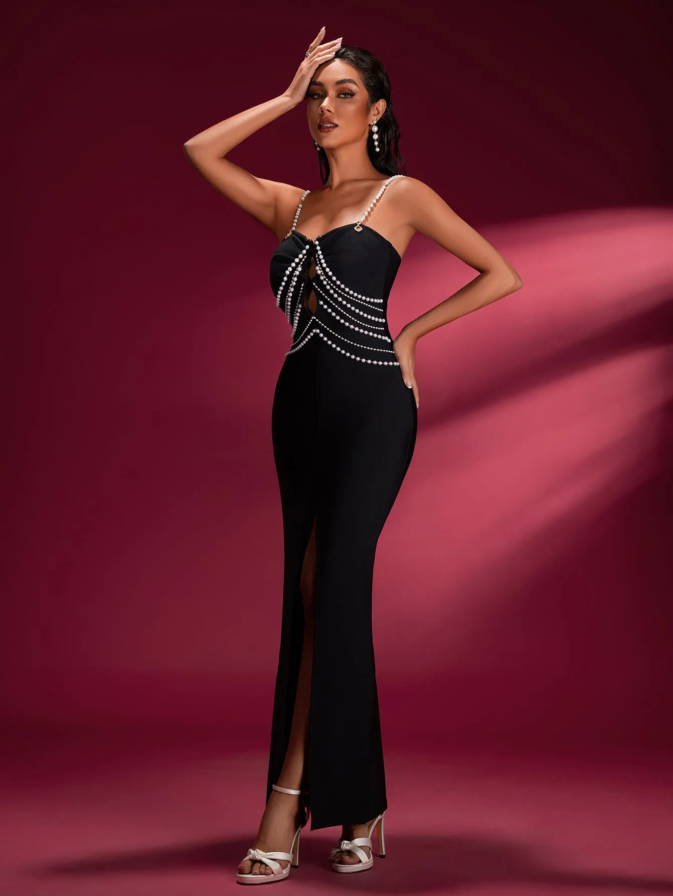 Pearl Chain Strap Cutout Bandage Dress