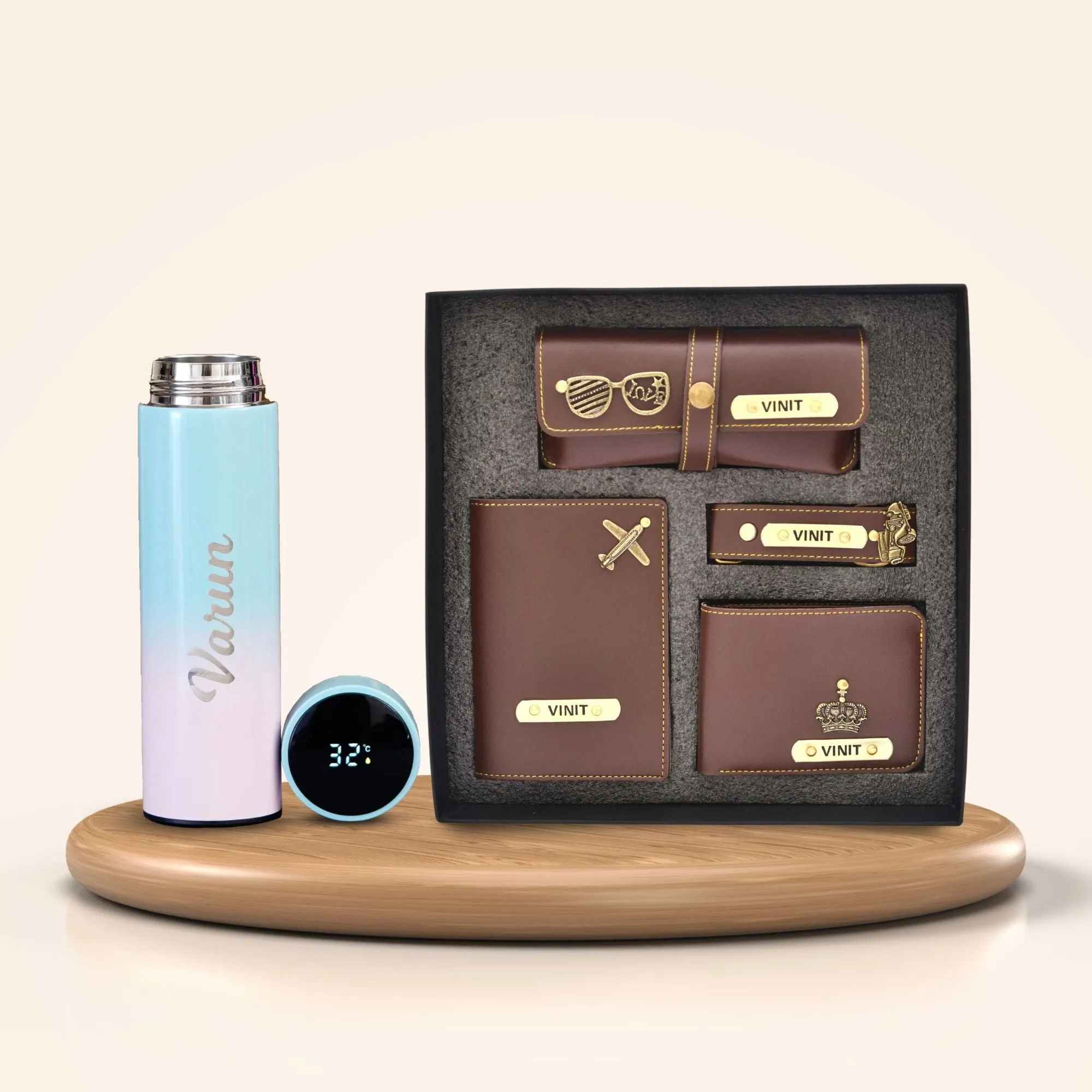Personalised Pastel Temperature Display Bottle & All in One Men's Combo (4 pcs) - Brown
