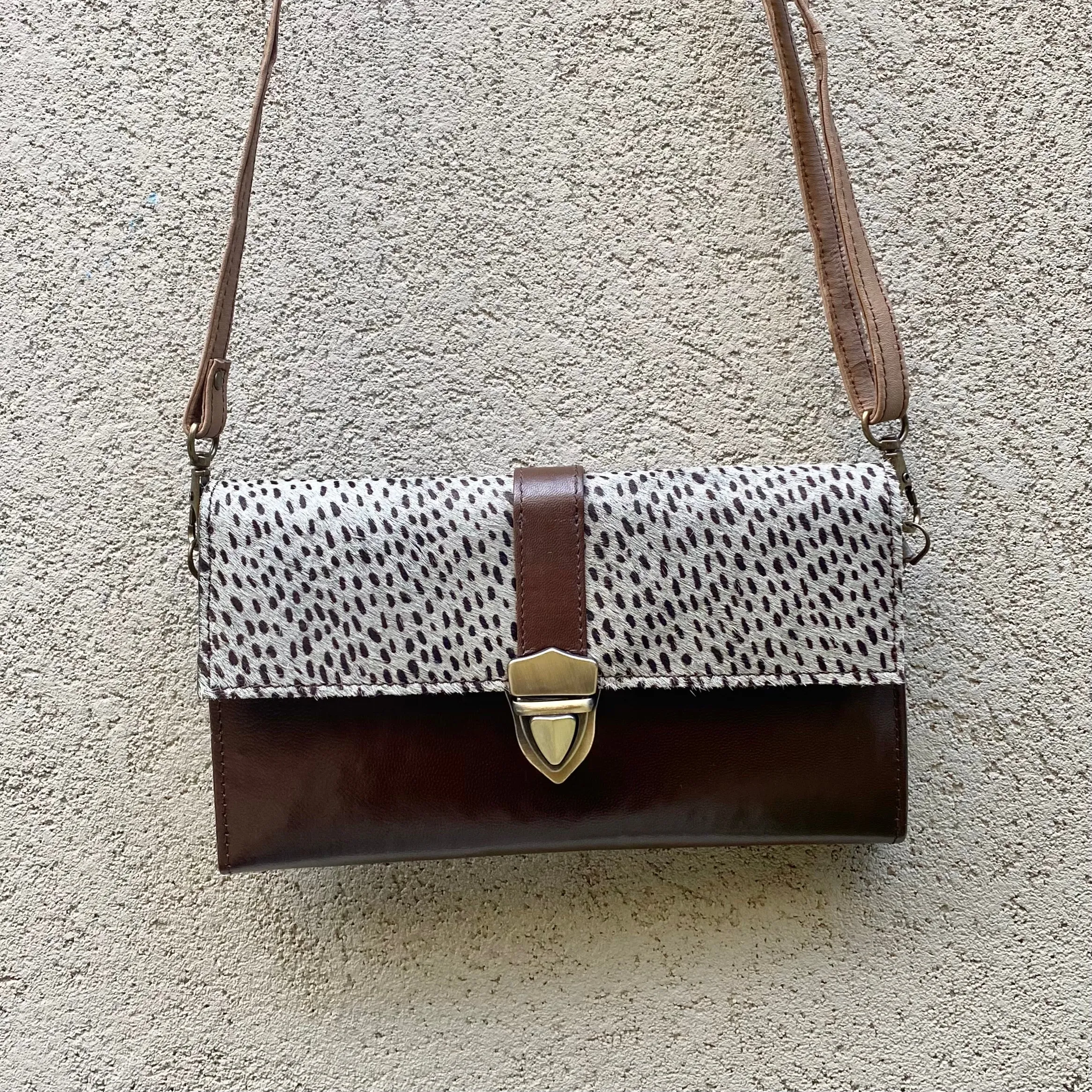 Pixie Cowhide and Leather Crossbody Wallet Clutch Bag- Grey, Raisin, Black