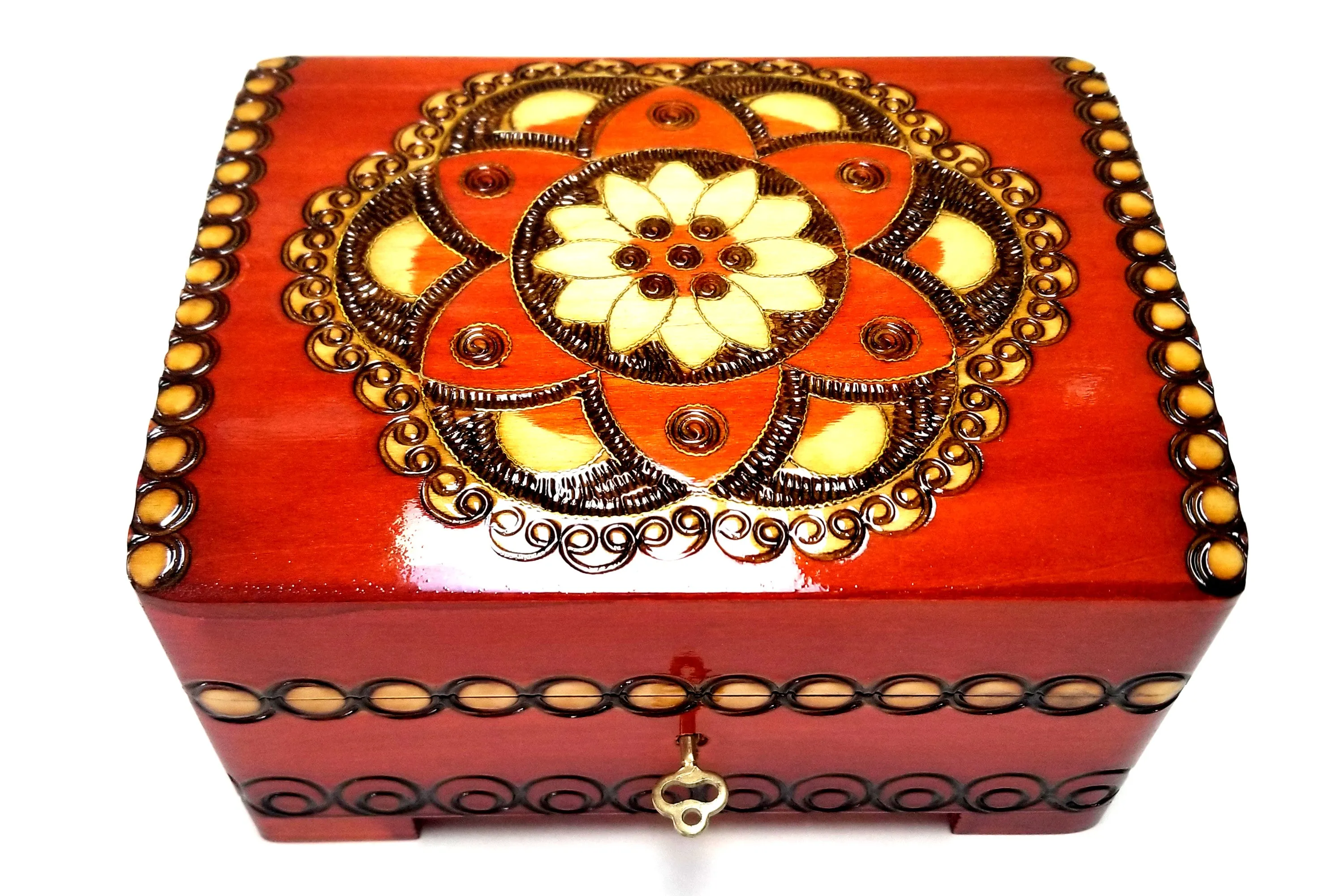 Polish Folk Floral Rosette Wooden Box with Brass Inlays and Key, 7"x 5.5"