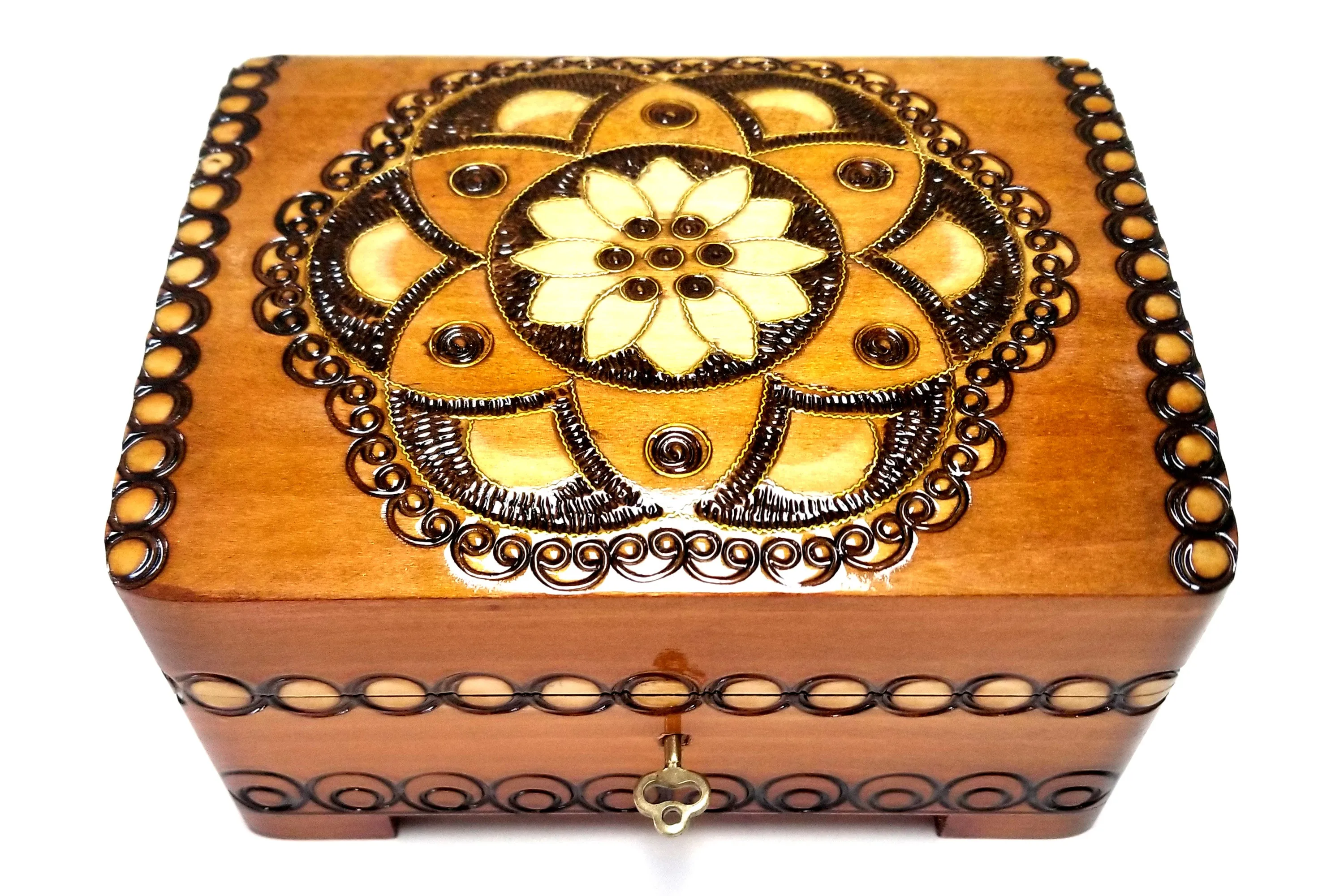 Polish Folk Floral Rosette Wooden Box with Brass Inlays and Key, 7"x 5.5"