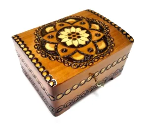 Polish Folk Floral Rosette Wooden Box with Brass Inlays and Key, 7"x 5.5"