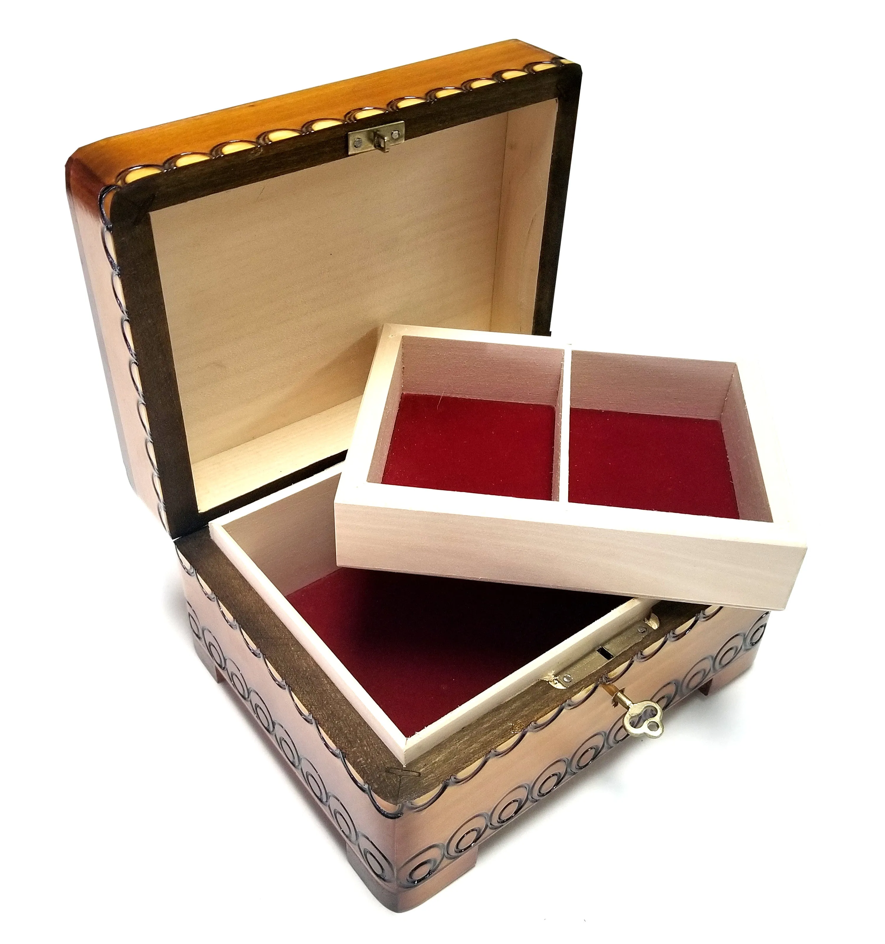 Polish Folk Floral Rosette Wooden Box with Brass Inlays and Key, 7"x 5.5"