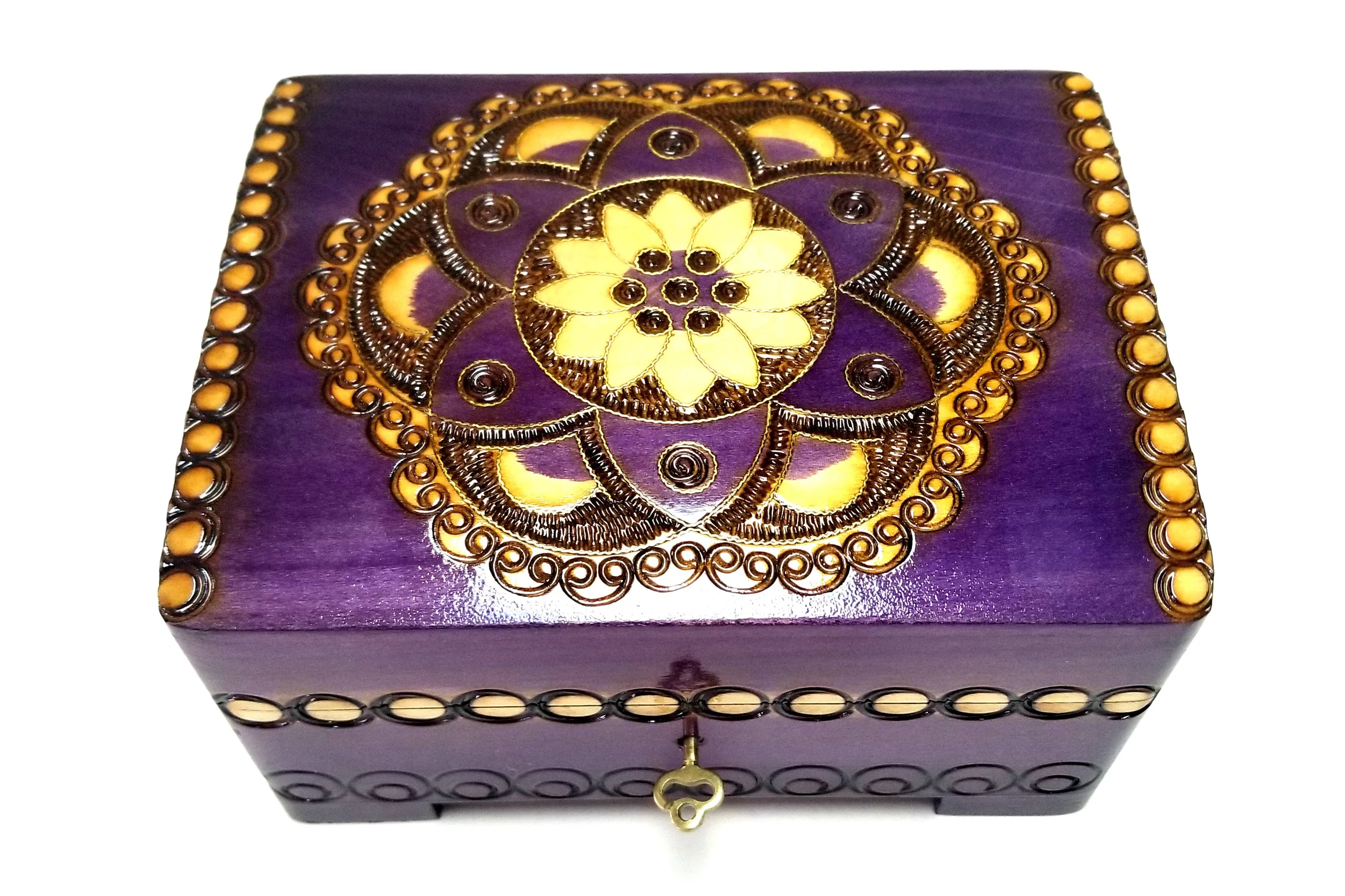 Polish Folk Floral Rosette Wooden Box with Brass Inlays and Key, 7"x 5.5"