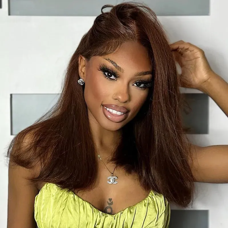 Pull Go 13x4 Lace Bob Wig Rich Brown Yaki Straight Lace Frontal Wig Silk Press Glueless Hair