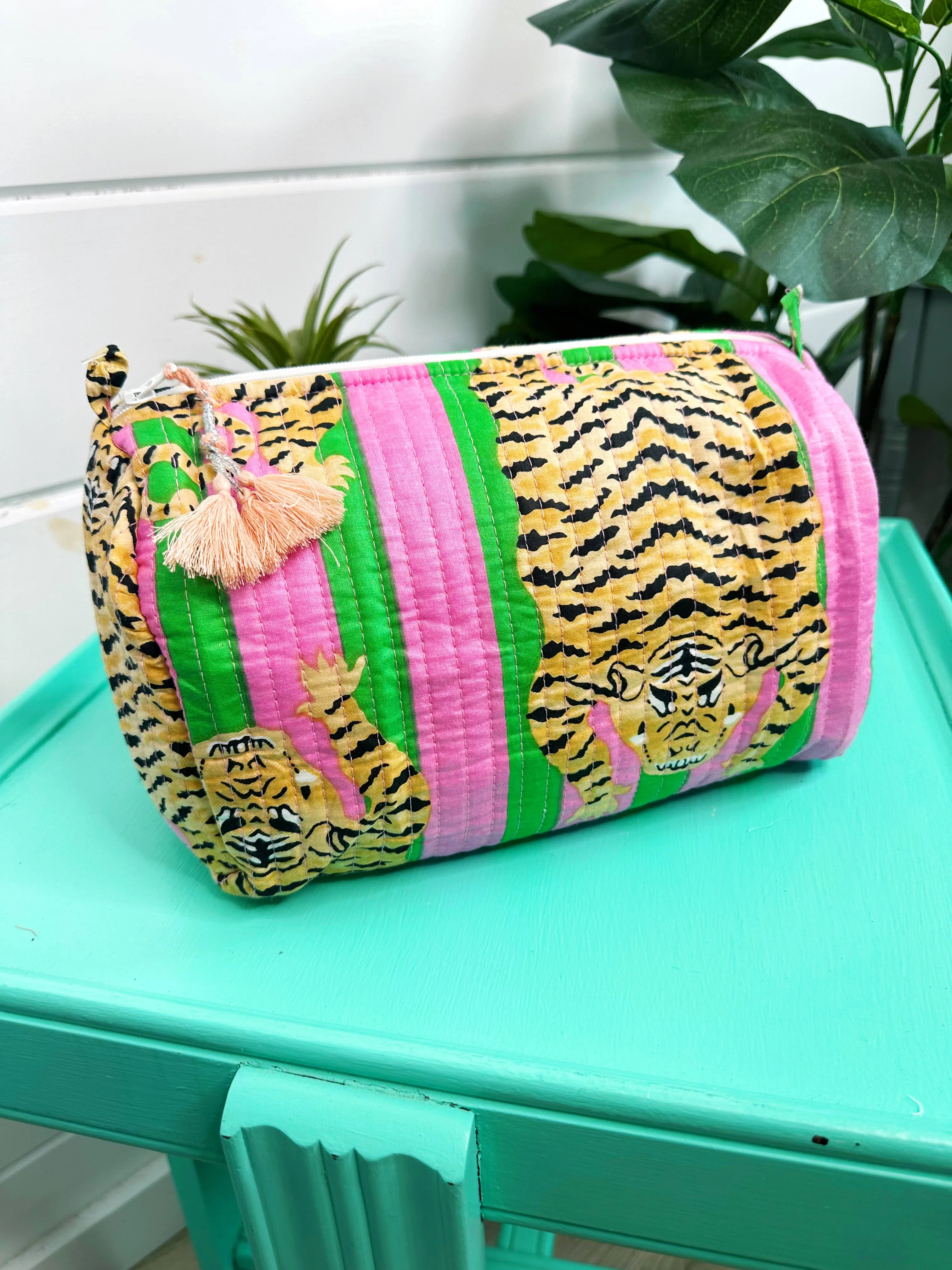 Quilted Cosmetic Bag in Pink & Green Tiger Print