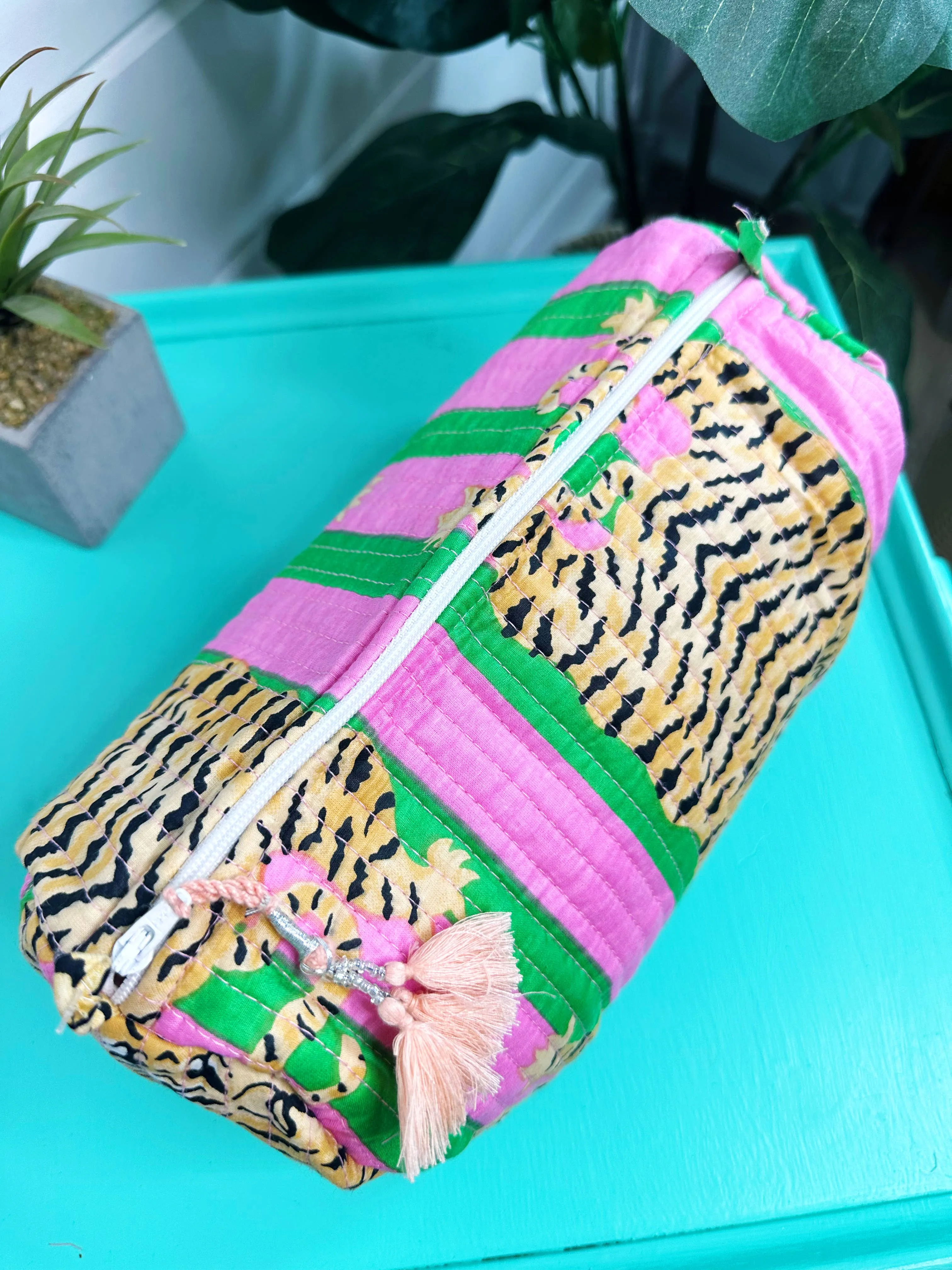 Quilted Cosmetic Bag in Pink & Green Tiger Print