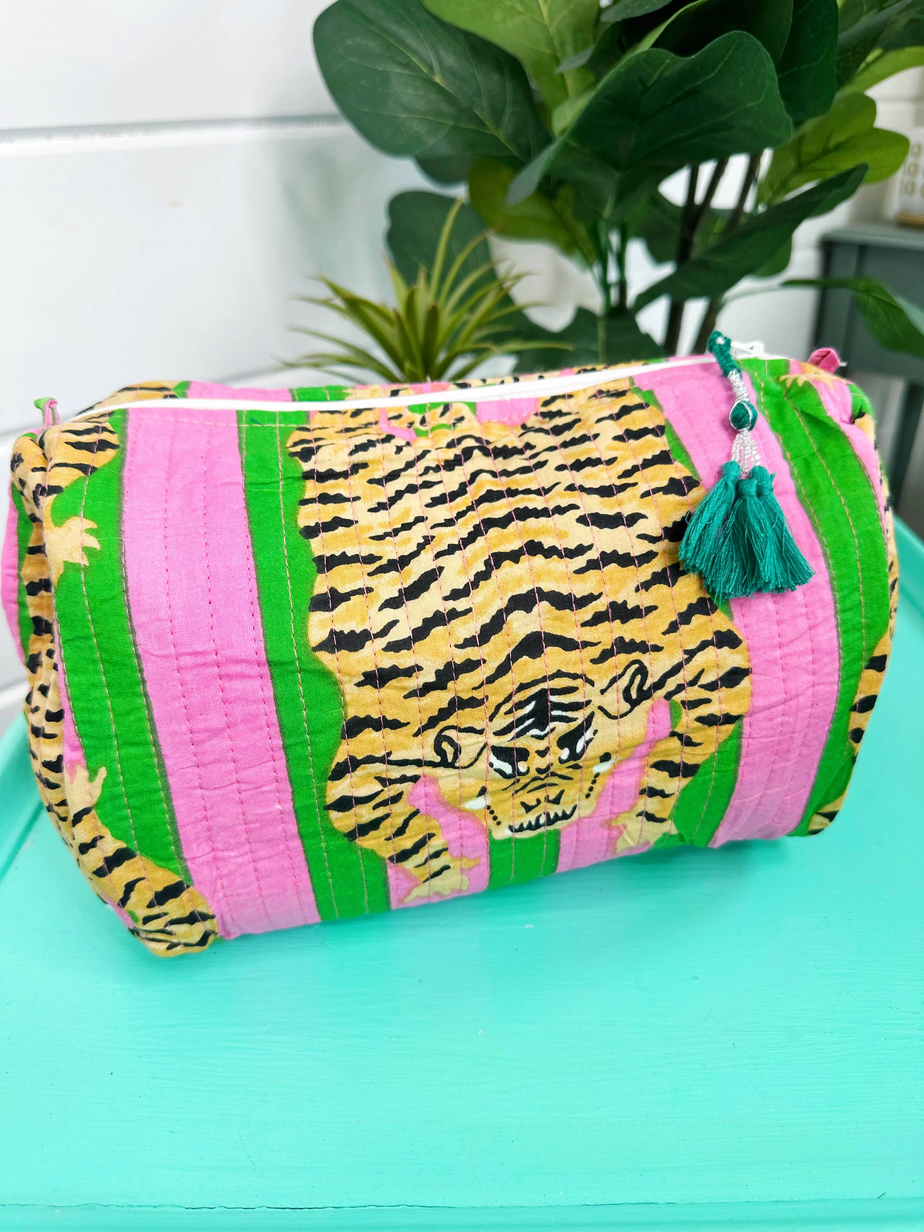 Quilted Cosmetic Bag in Pink & Green Tiger Print