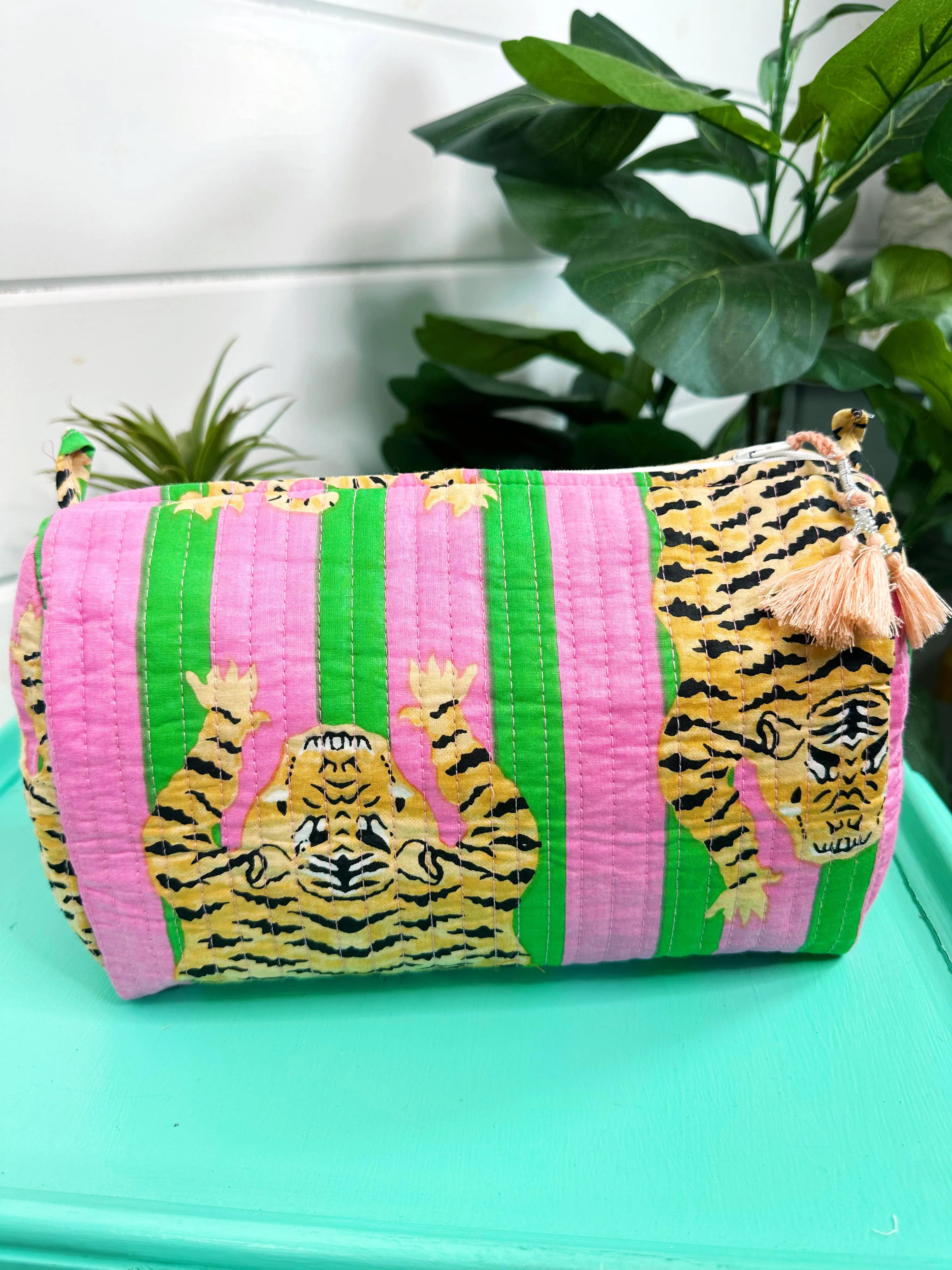 Quilted Cosmetic Bag in Pink & Green Tiger Print