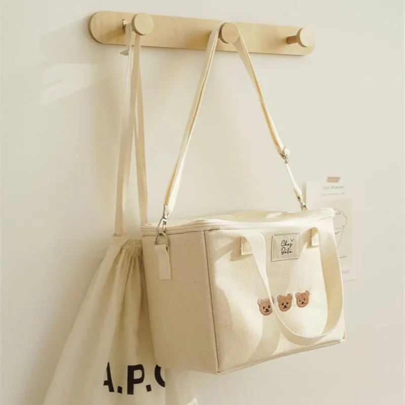 Realaiot Ins Bear Lunch Bag Canvas Large Capacity Insulation Handbags Multifunctional Thermal Breakfast Box Portable Picnic Travel