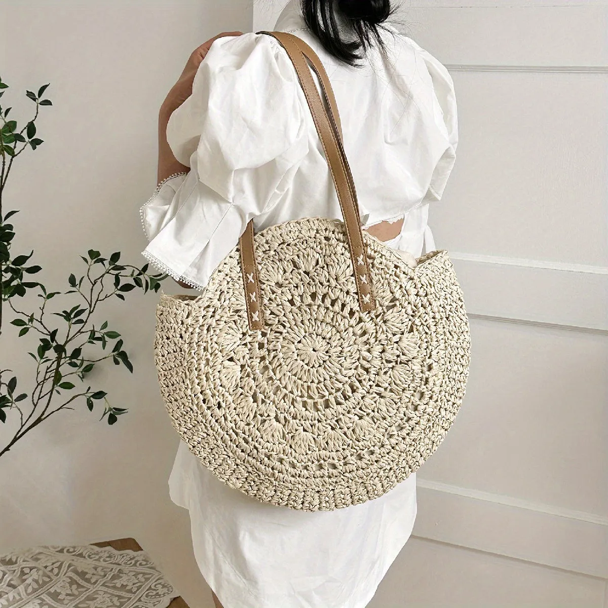 realaiot  Woven Straw Round Handbags, Hollow Out Summer Beach Bag, Women's Large Capacity Shoulder Bag