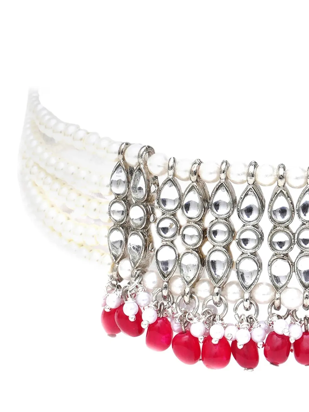 Silver-Plated White Oxidised Kundan-Studded Beaded Jewellery Set