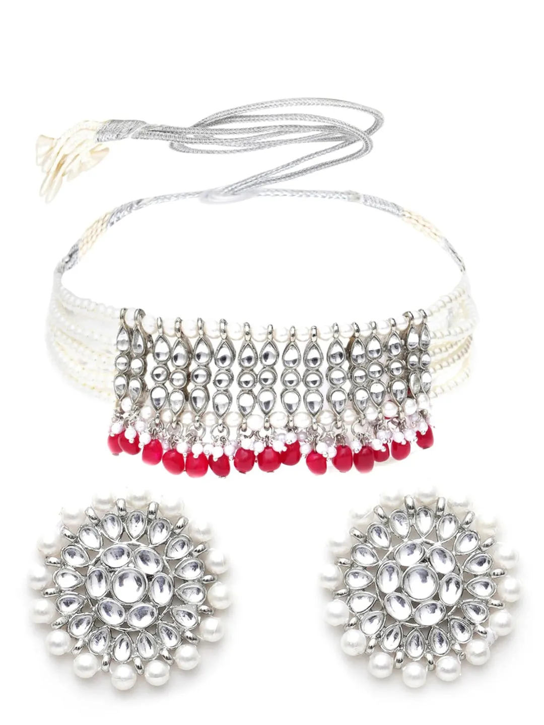 Silver-Plated White Oxidised Kundan-Studded Beaded Jewellery Set