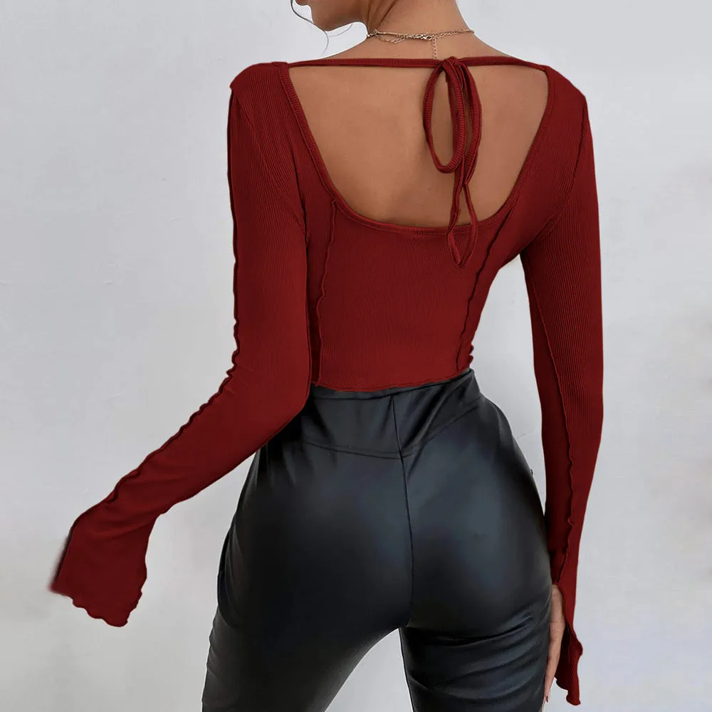 Slim Fit Long Sleeve Square Neck Knit Top T-Shirt