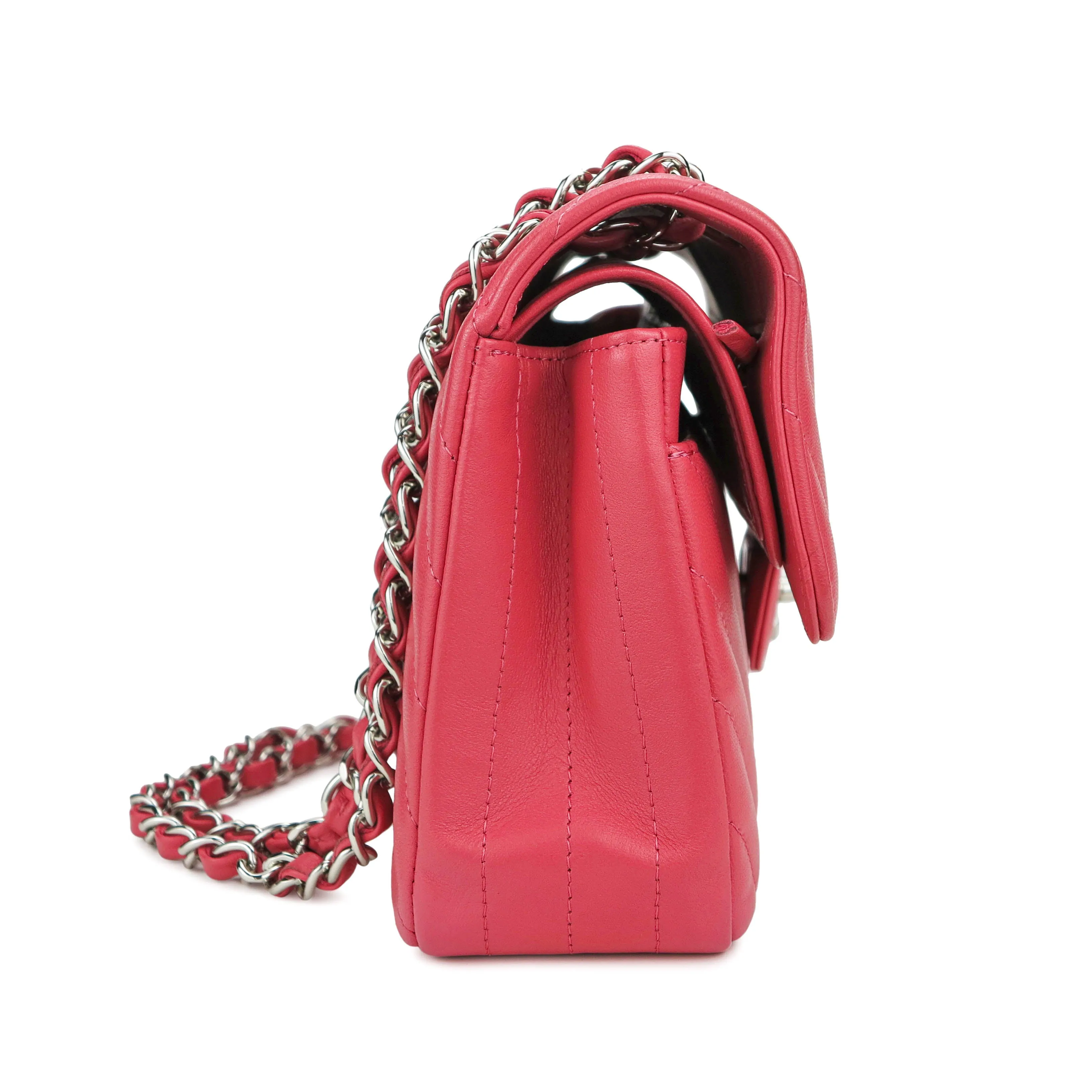 Small Chevron Classic Double Flap Bag in Coral Pink Lambskin