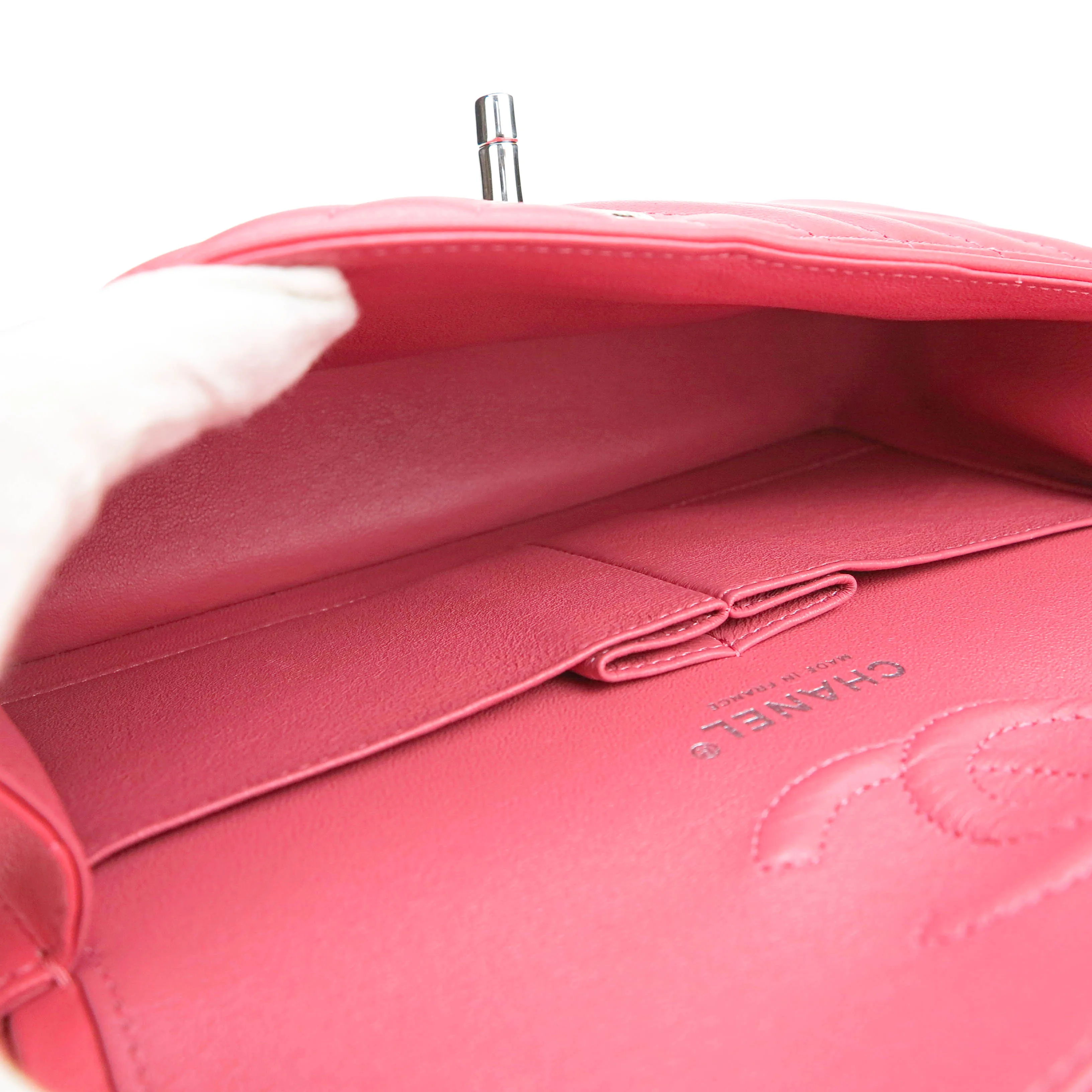 Small Chevron Classic Double Flap Bag in Coral Pink Lambskin