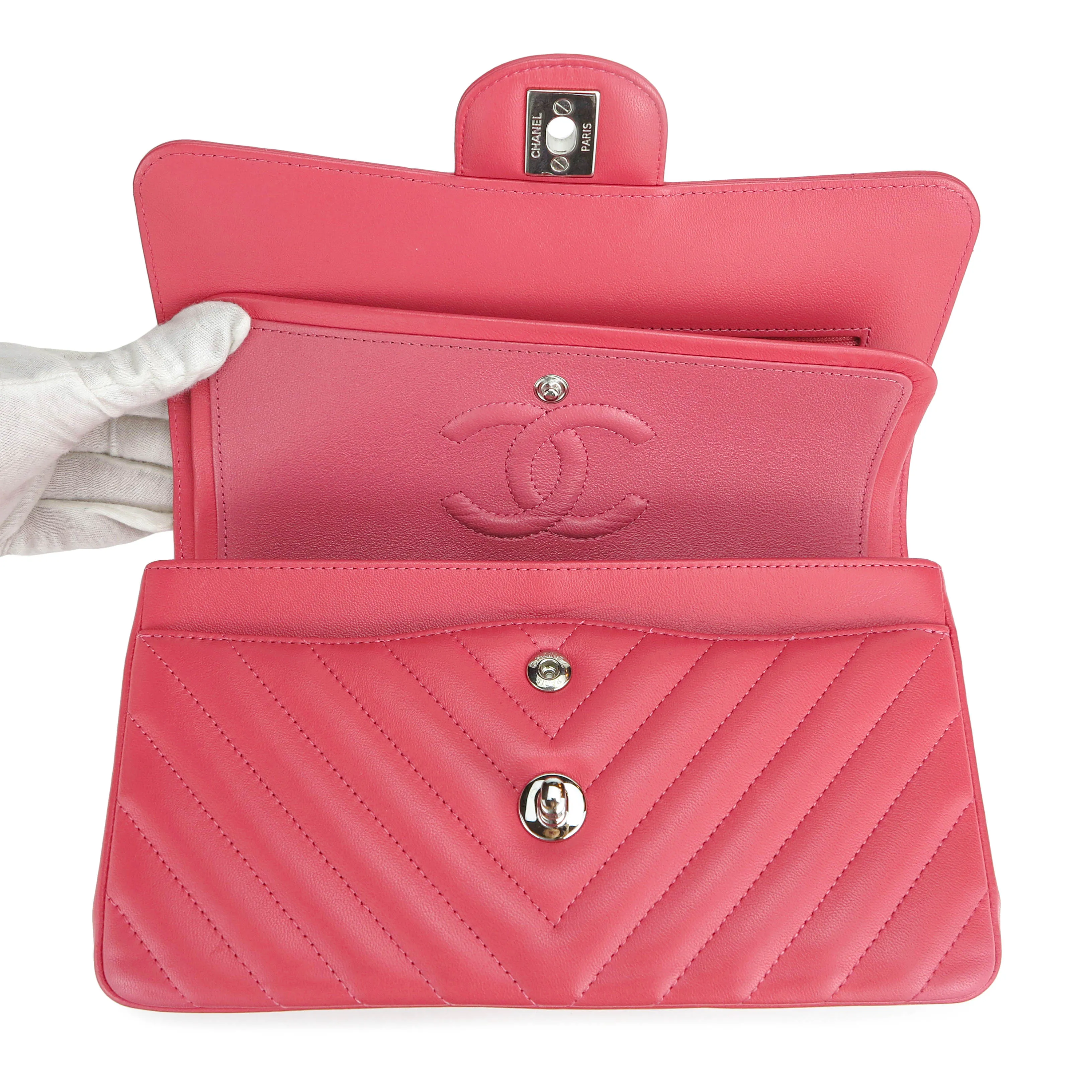 Small Chevron Classic Double Flap Bag in Coral Pink Lambskin
