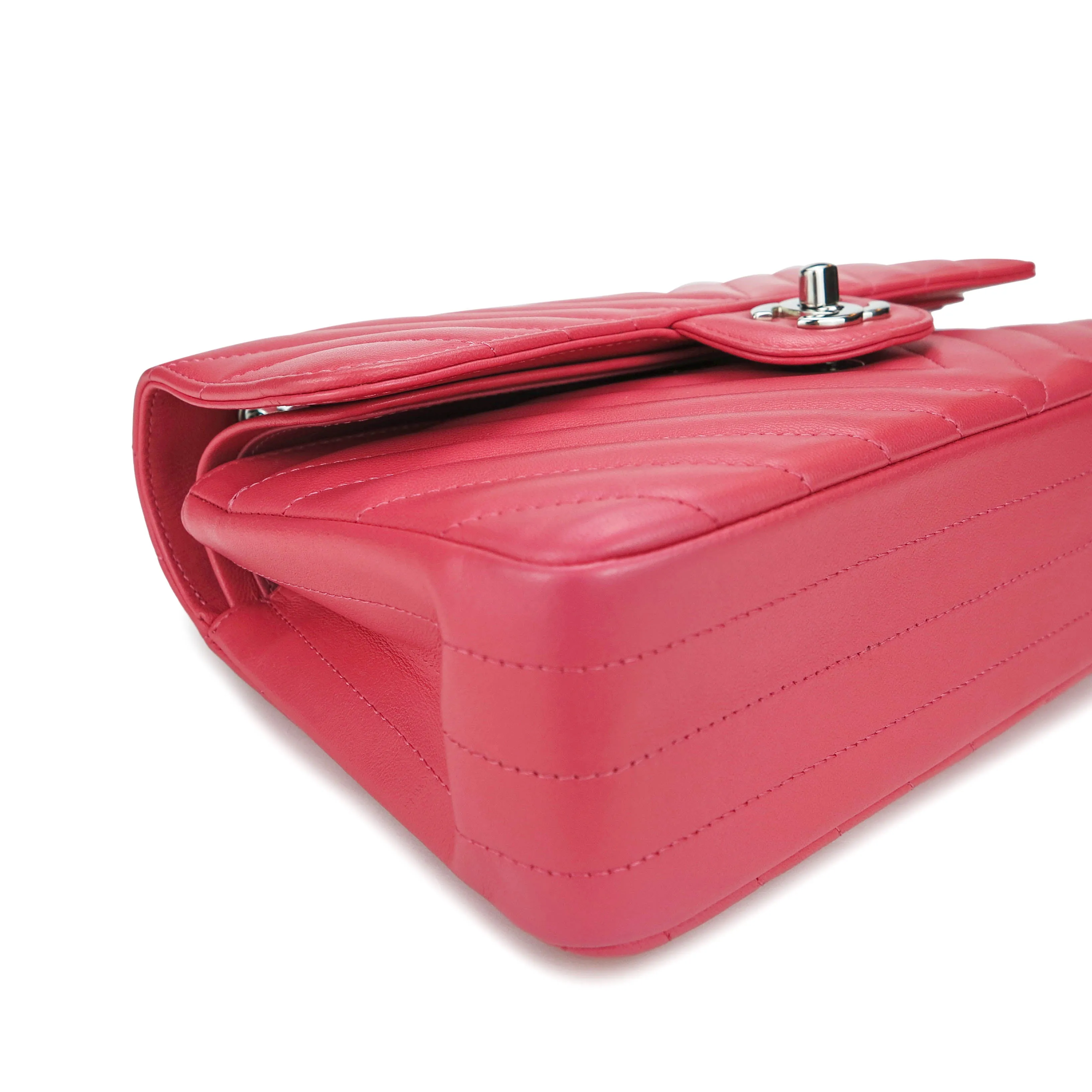 Small Chevron Classic Double Flap Bag in Coral Pink Lambskin