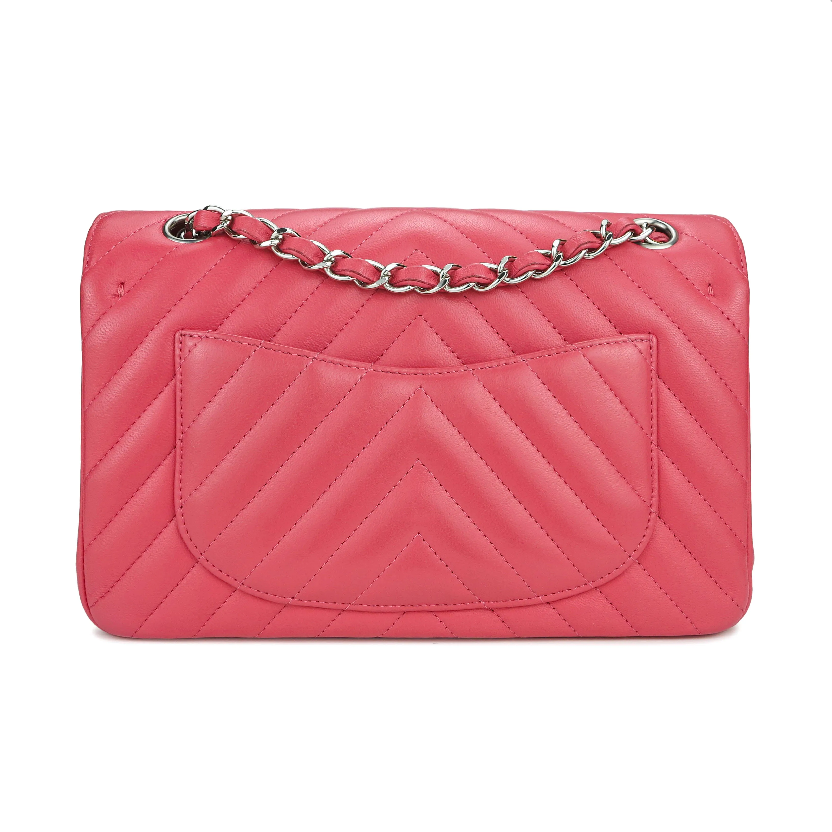 Small Chevron Classic Double Flap Bag in Coral Pink Lambskin