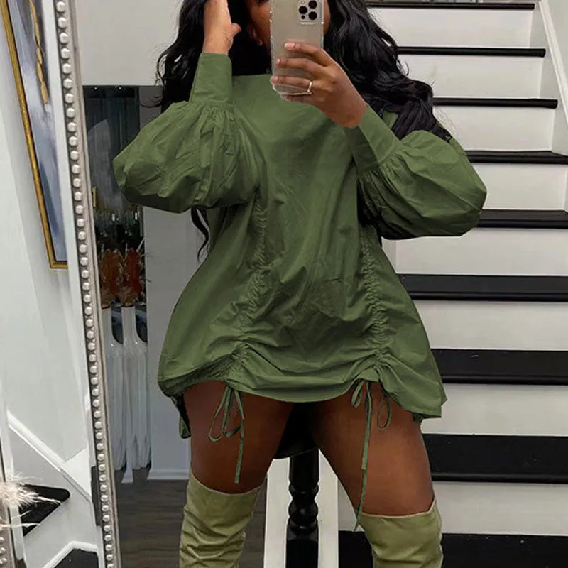 Solid Turtleneck Long Sleeve Drawstring Loose Dress