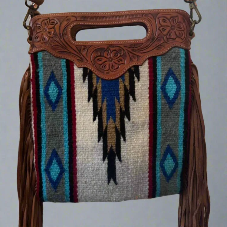 Southwestern Fringe Bag – Woven Wool & Tooled Leather