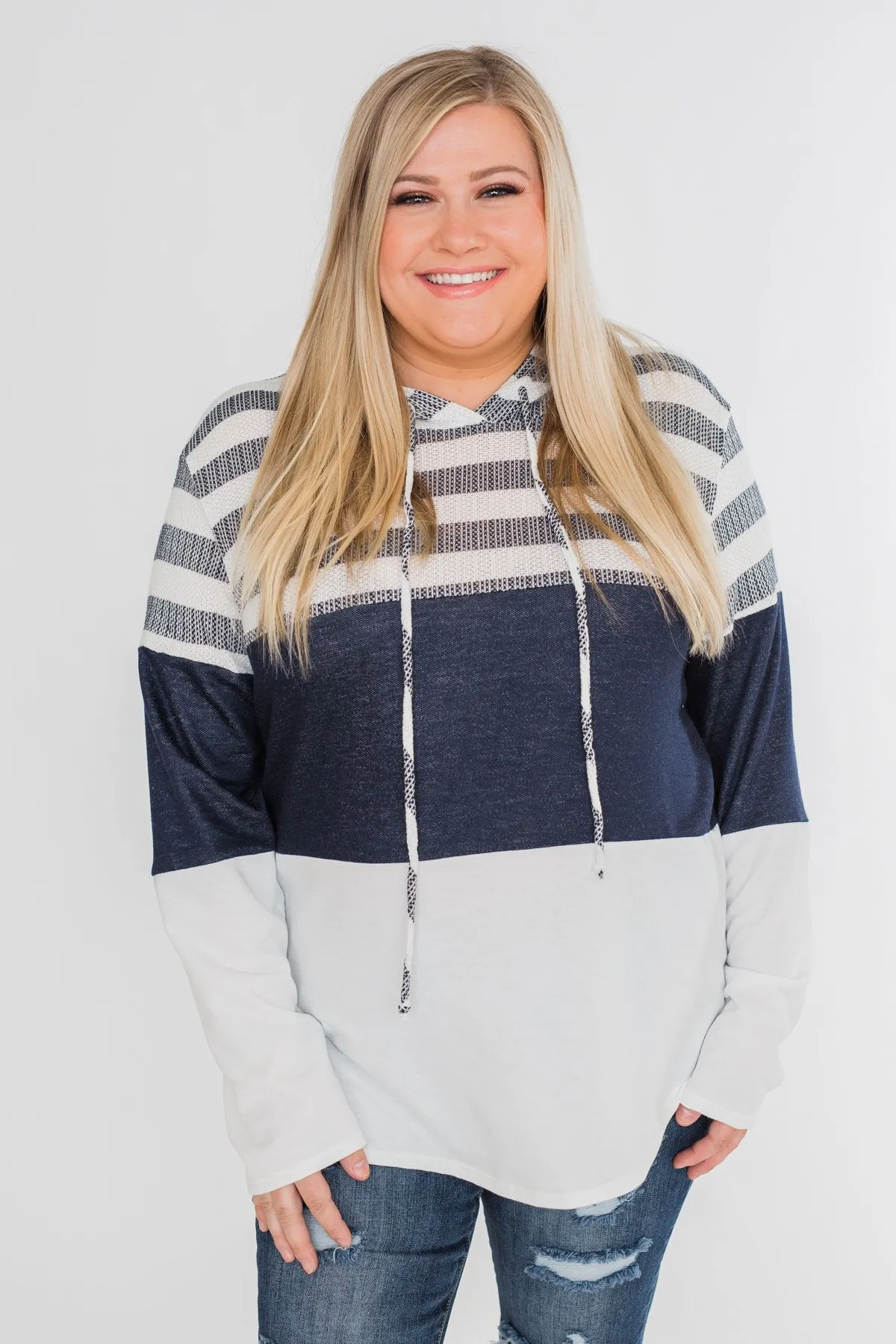 Speak to Me Color Block Drawstring Hoodie- Navy & Ivory