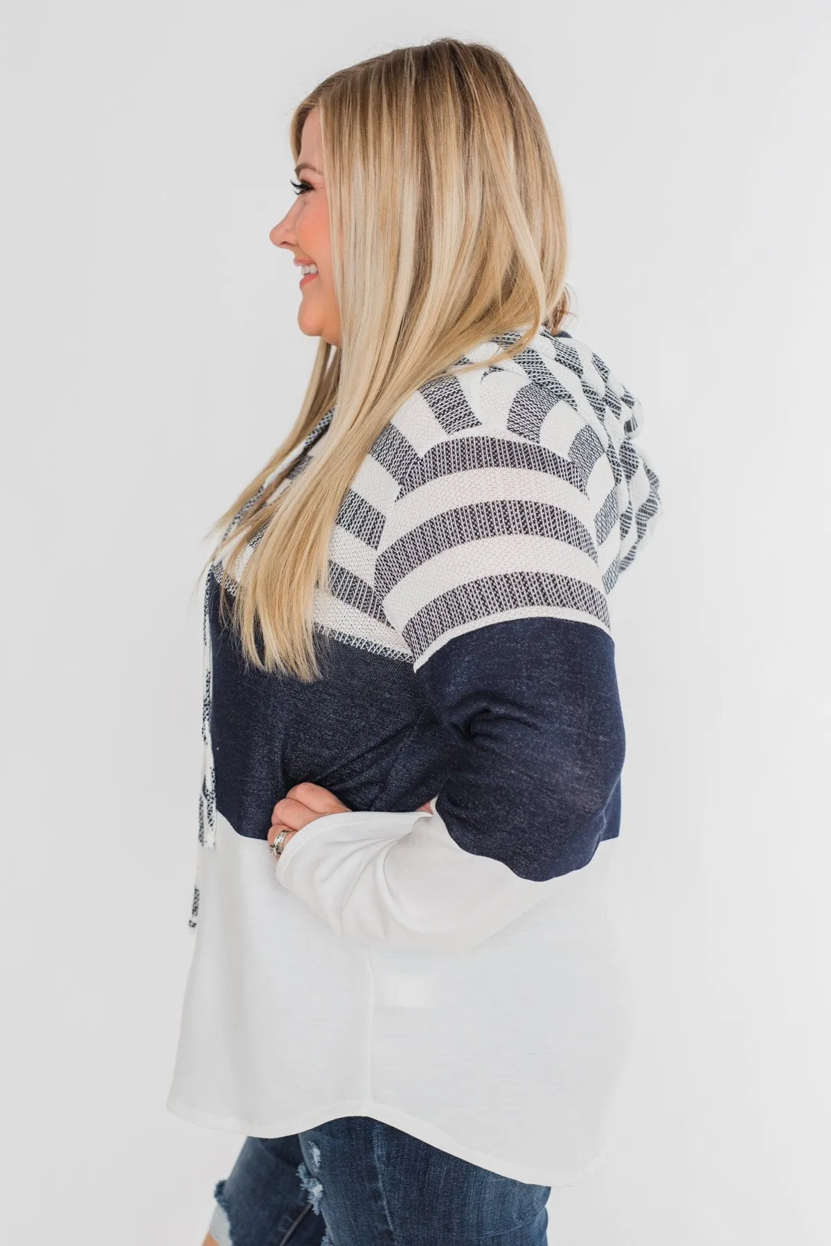 Speak to Me Color Block Drawstring Hoodie- Navy & Ivory